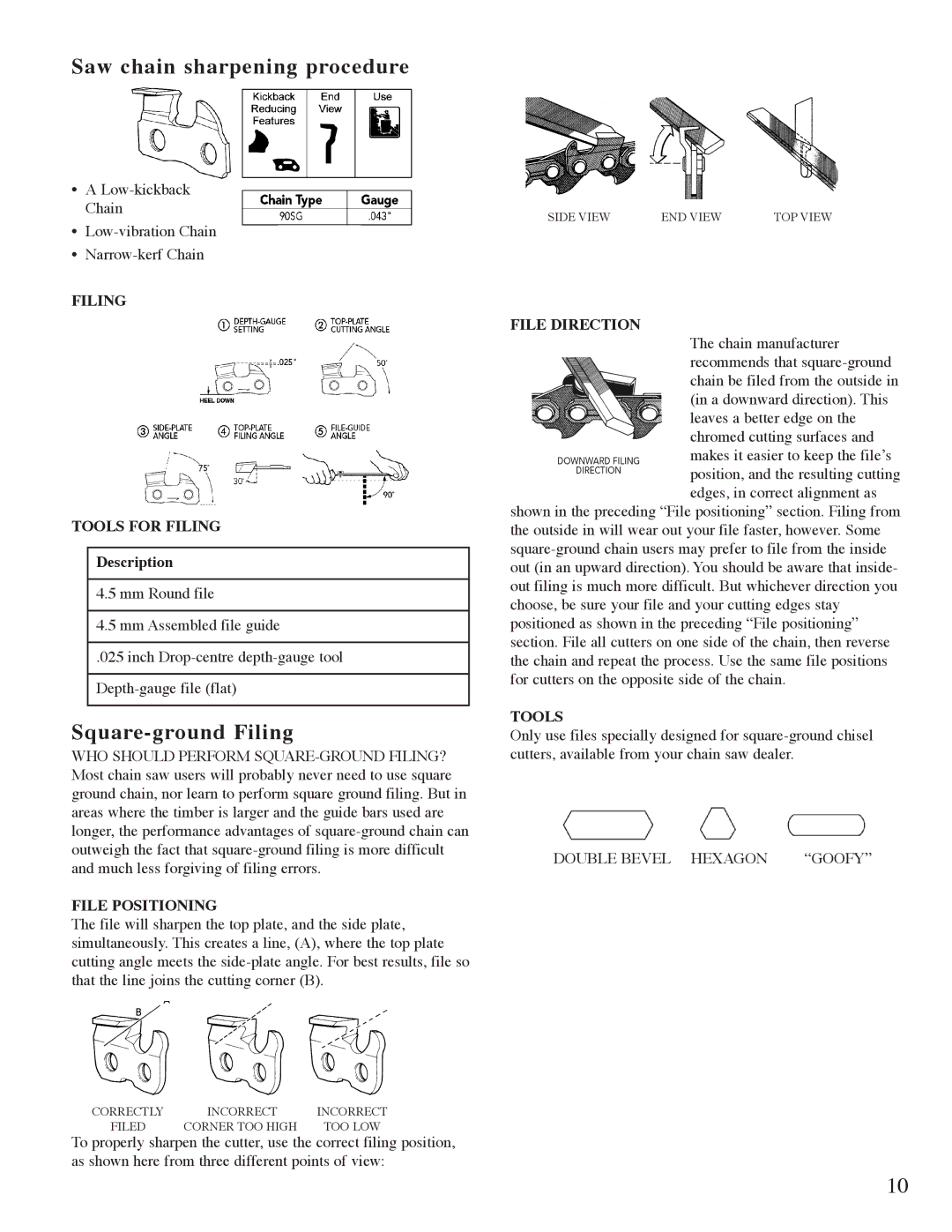 Mantis Pruner E System owner manual Saw chain sharpening procedure, Square-ground Filing 