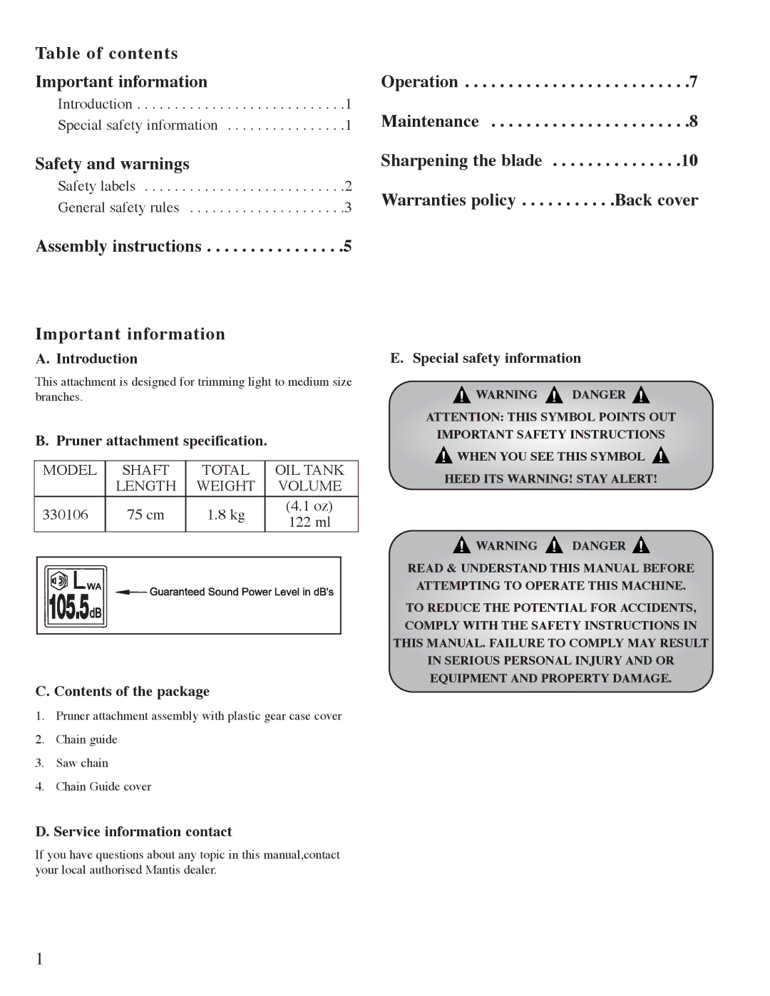 Mantis Pruner E System owner manual Table of contents Important information, Safety and warnings 