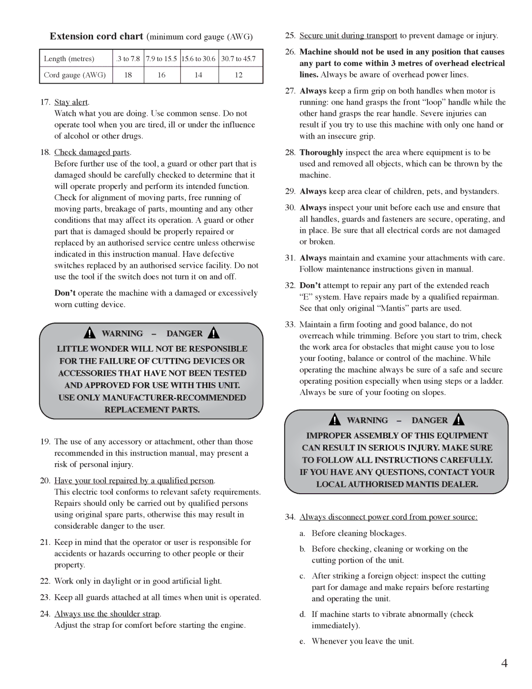 Mantis Pruner E System owner manual Extension cord chart minimum cord gauge AWG 