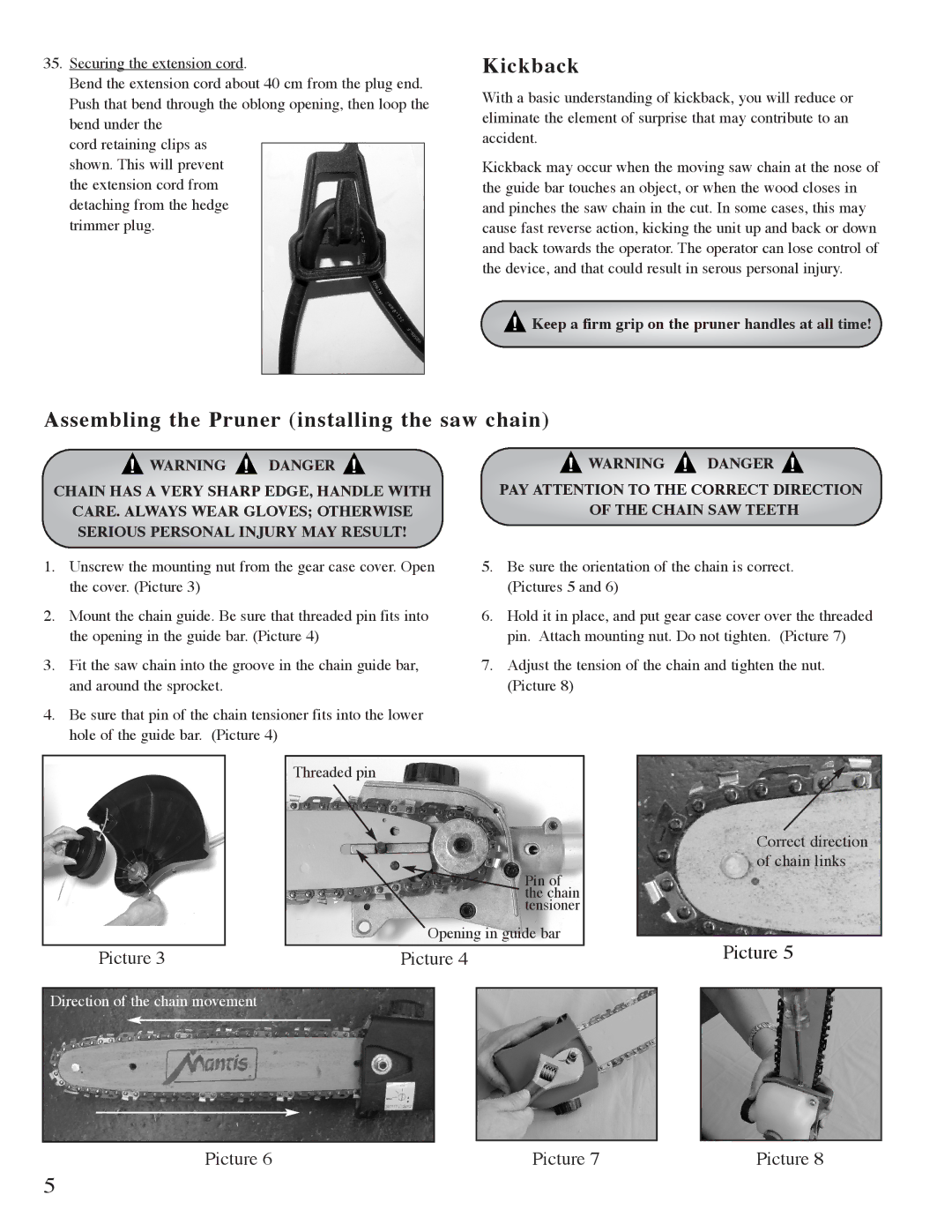 Mantis Pruner E System owner manual Kickback, Assembling the Pruner installing the saw chain 