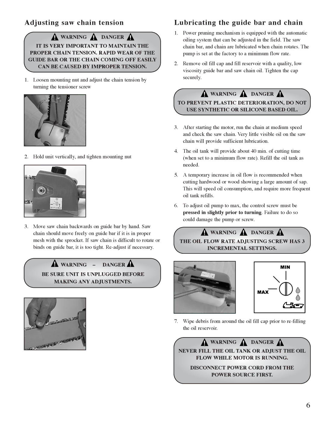 Mantis Pruner E System owner manual Adjusting saw chain tension, Lubricating the guide bar and chain 