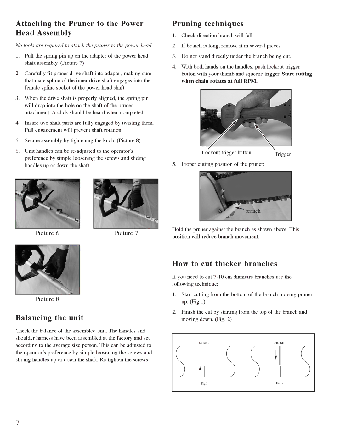 Mantis Pruner E System owner manual Attaching the Pruner to the Power Head Assembly, Pruning techniques, Balancing the unit 