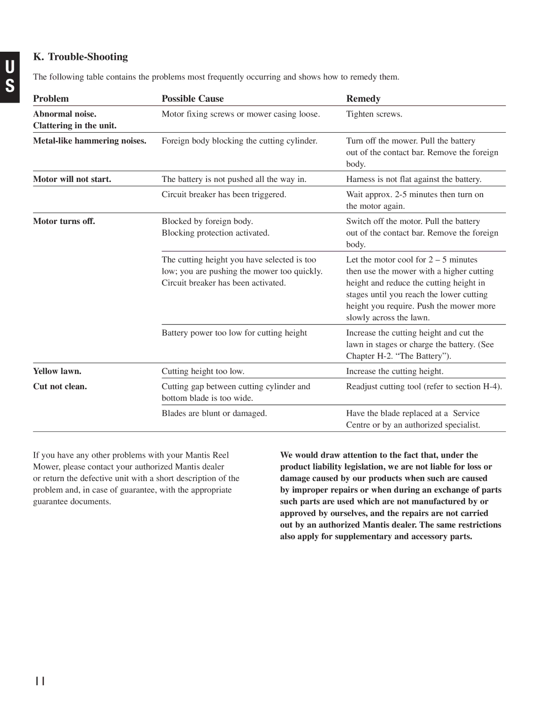 Mantis Reel Mower manual Trouble-Shooting 