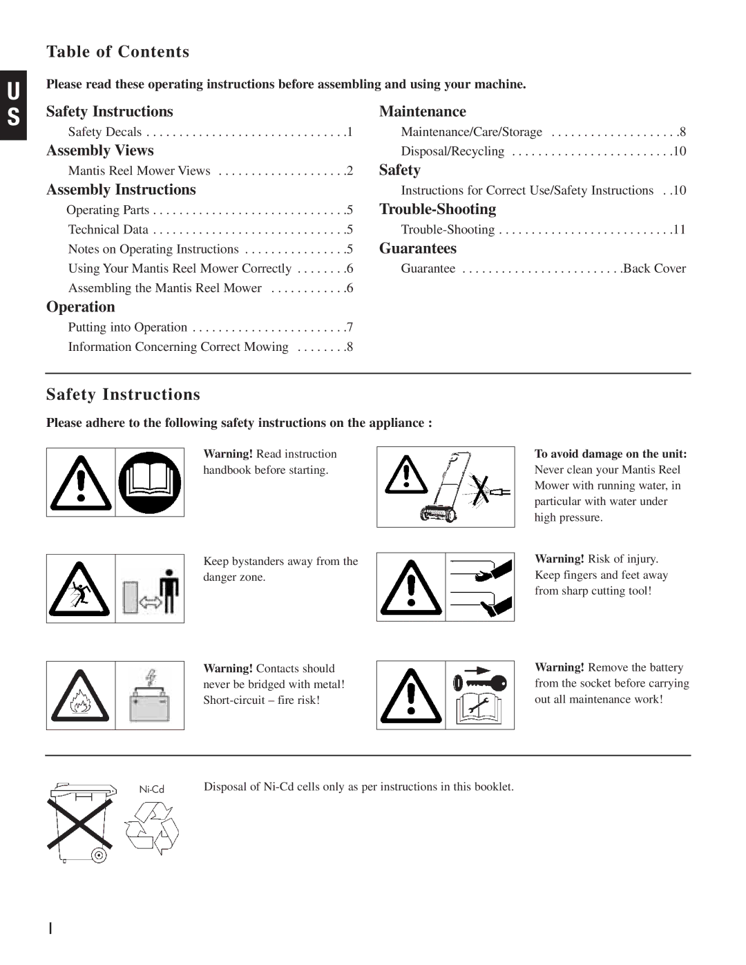 Mantis Reel Mower manual Table of Contents 