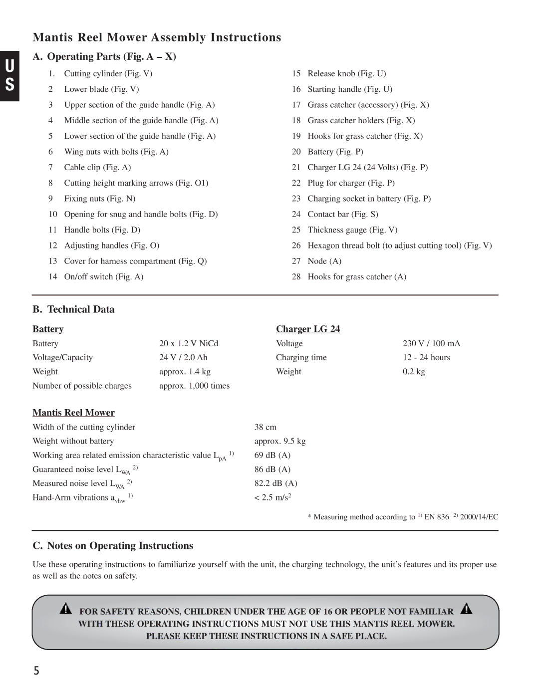 Mantis Reel Mower manual Operating Parts Fig. a, Technical Data 