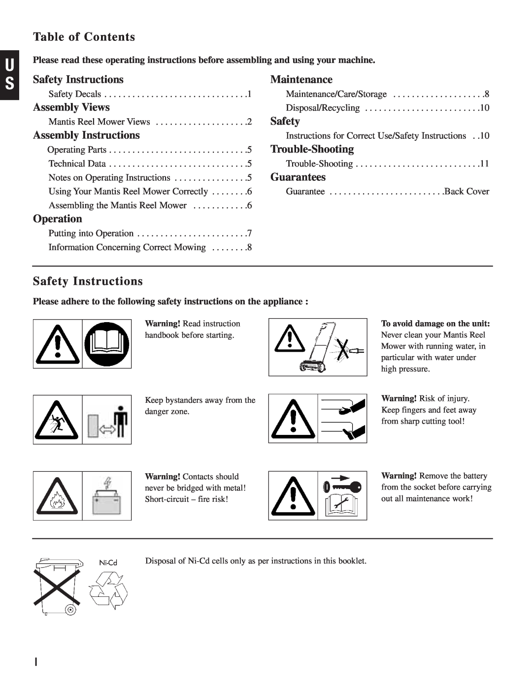 Mantis Reel Mower Table of Contents, Safety Instructions, Maintenance, Assembly Views, Assembly Instructions, Guarantees 