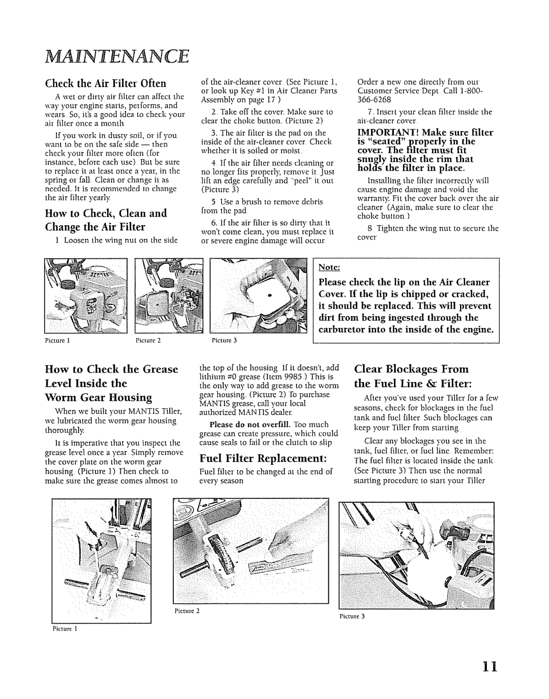 Mantis SV-5C/2 manual How to Check, Clean and Change the Air Filter, How to Check the Grease Level inside Worm Gear Housing 