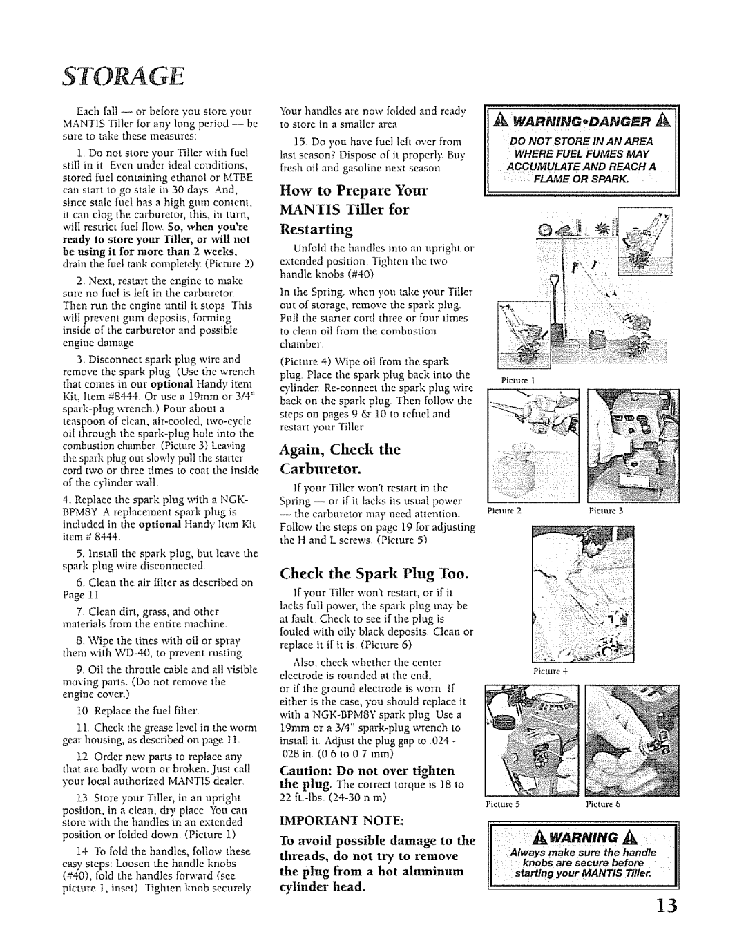 Mantis SV-5C/2 manual Storage, How to Prepare Your Mantis Tiller for Restarting, Again, Check Carburetor, Starting 