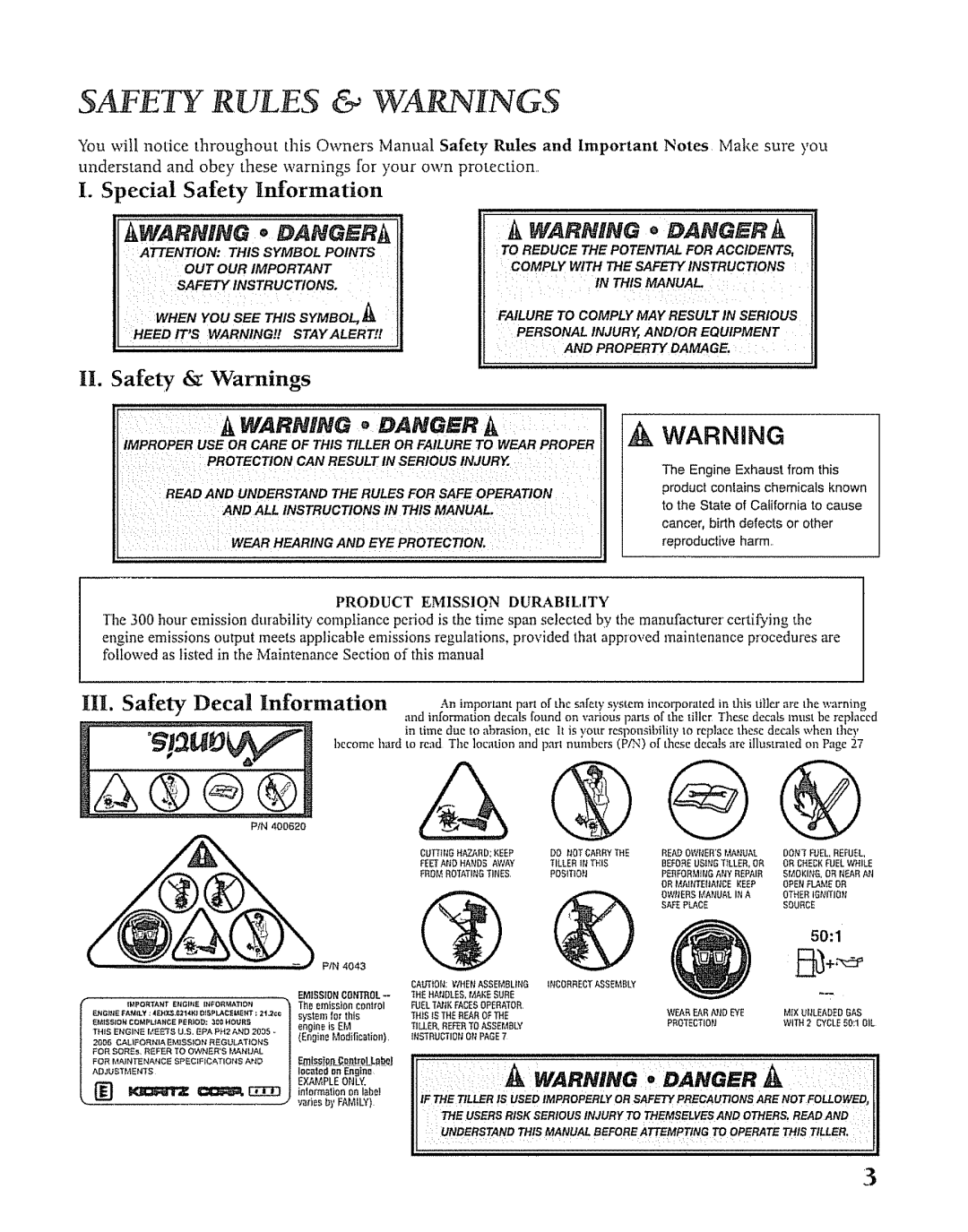 Mantis SV-5C/2 manual II. Safety & Warnings, III. Safety Decal Information, Product Emission Durability 