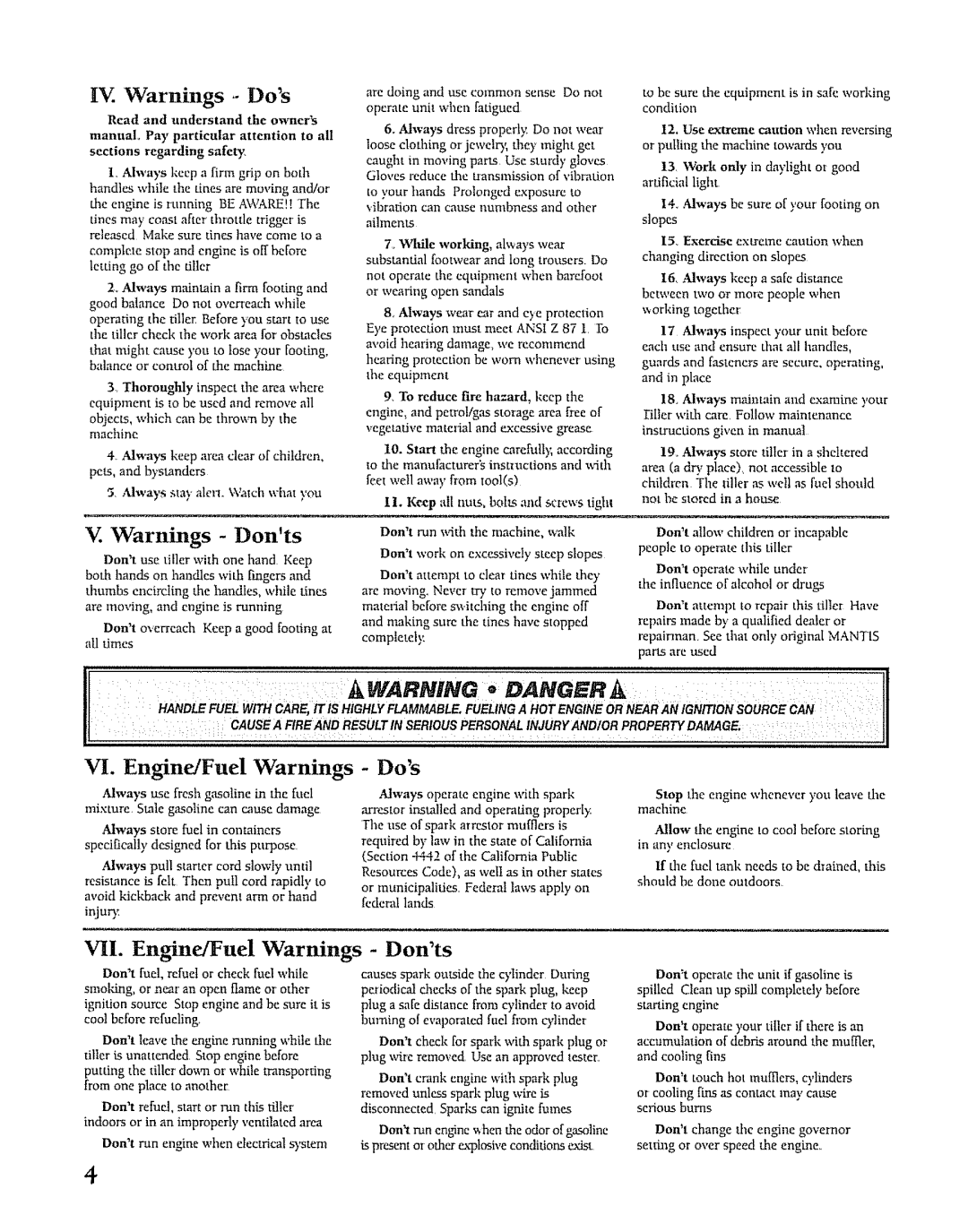 Mantis SV-5C/2 manual IV. Warnings Dos, VI. Engine/Fuel Warnings, VII. Engine/Fuel Warnings- Donts 