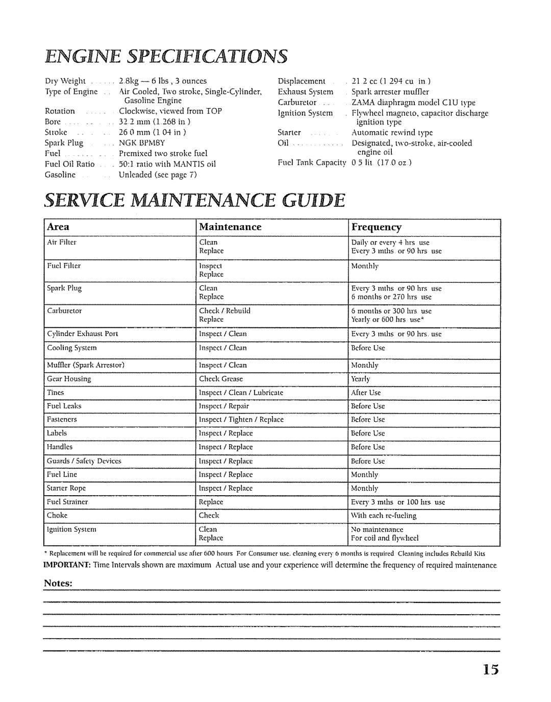 Mantis SV-5C/2 manual Engine Specihcat Ons, Service, Maintenance, Gu!Id F, Frequency 