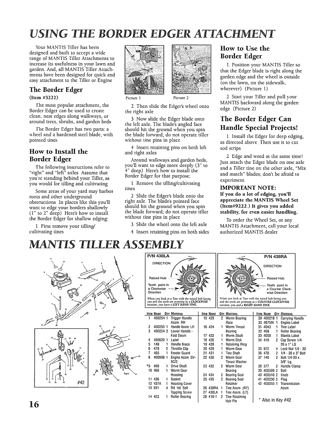 Mantis SV-5C/2 manual Using The Border Edger Attachment, Mantis Tiller Assembly, How to install the Border Edger 