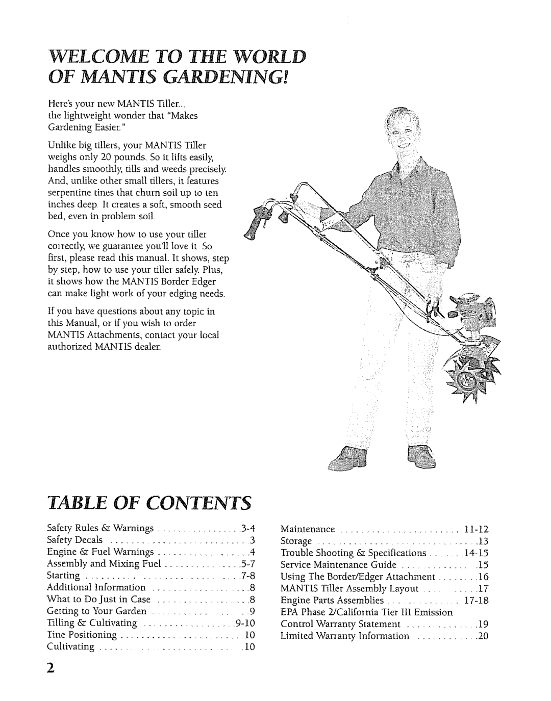 Mantis SV-5C/2 manual Table Of Contents, Welcome To The World, Of Mantis Gardening 
