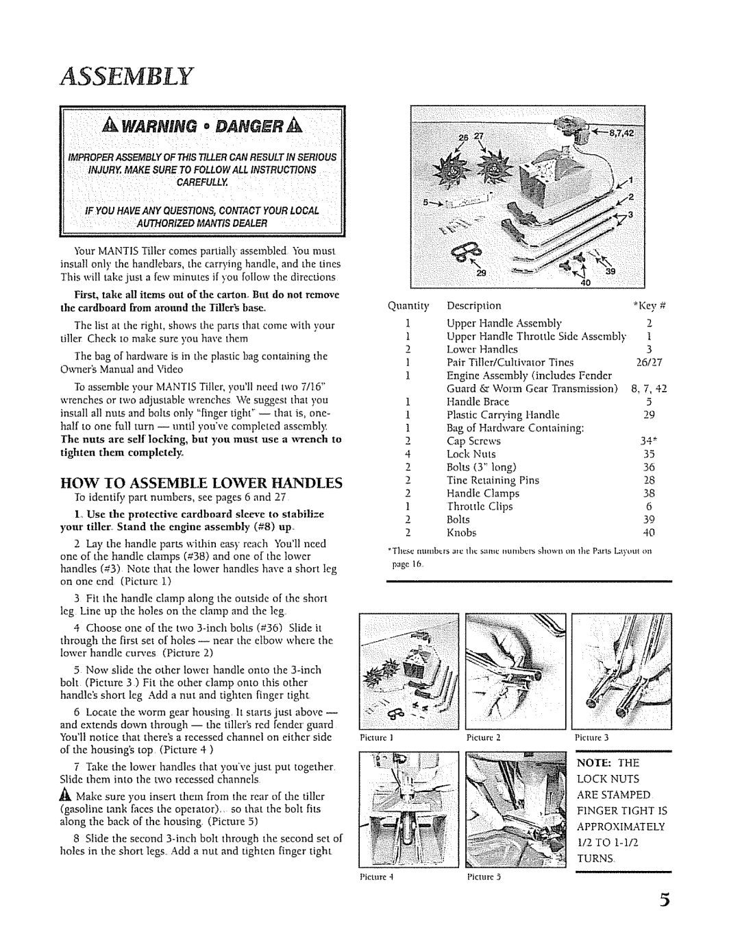 Mantis SV-5C/2 manual Assembly, Warning Oang R, Assemble, Lower, Handles 
