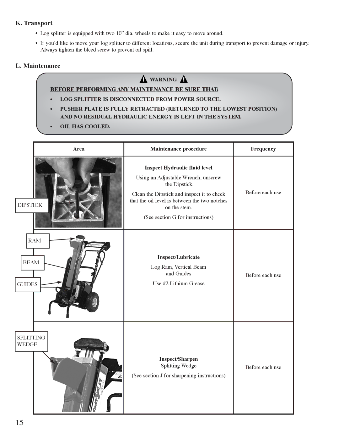 Mantis Swift Split owner manual Transport, Maintenance, Inspect/Lubricate, Inspect/Sharpen 