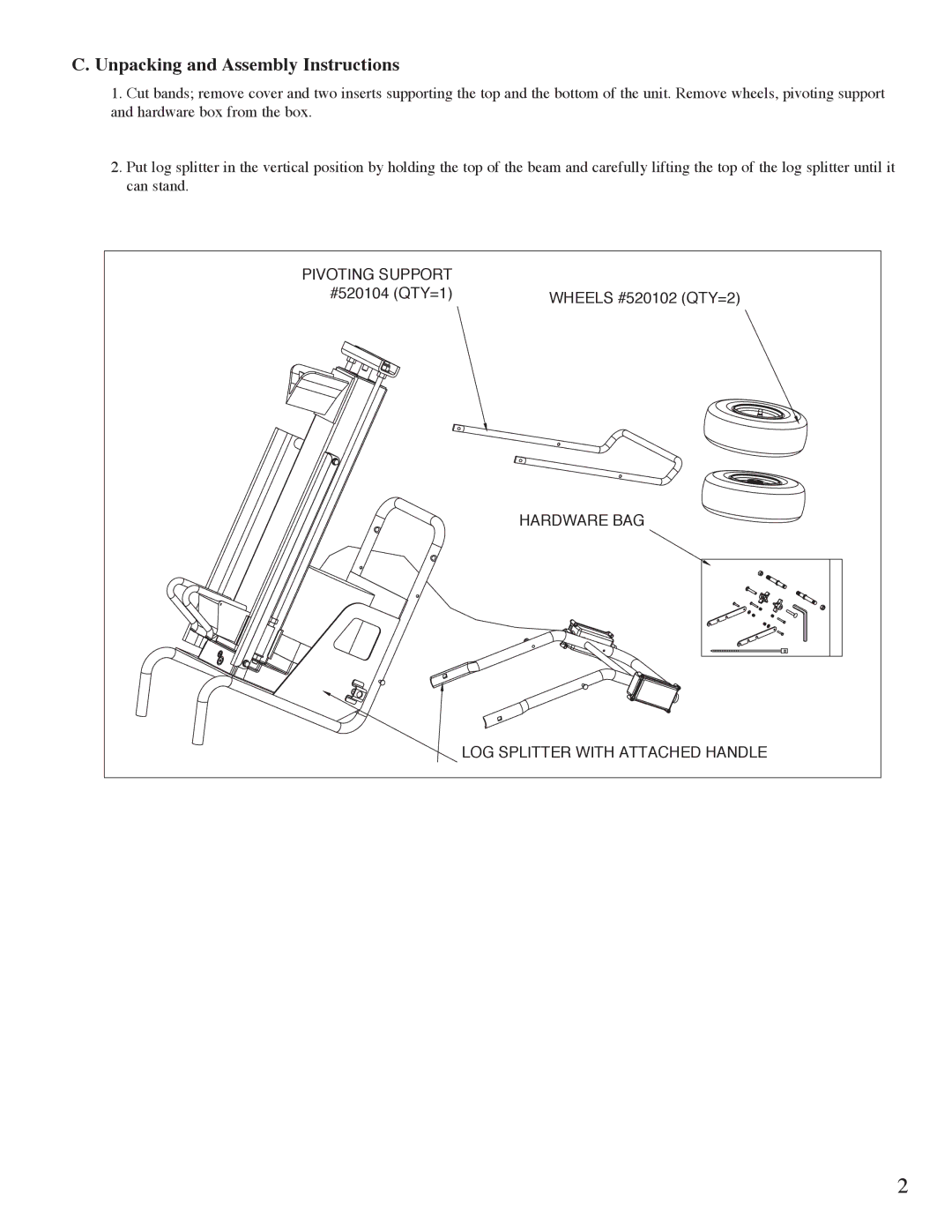 Mantis Swift Split owner manual Unpacking and Assembly Instructions, Hardware BAG LOG Splitter with Attached Handle 