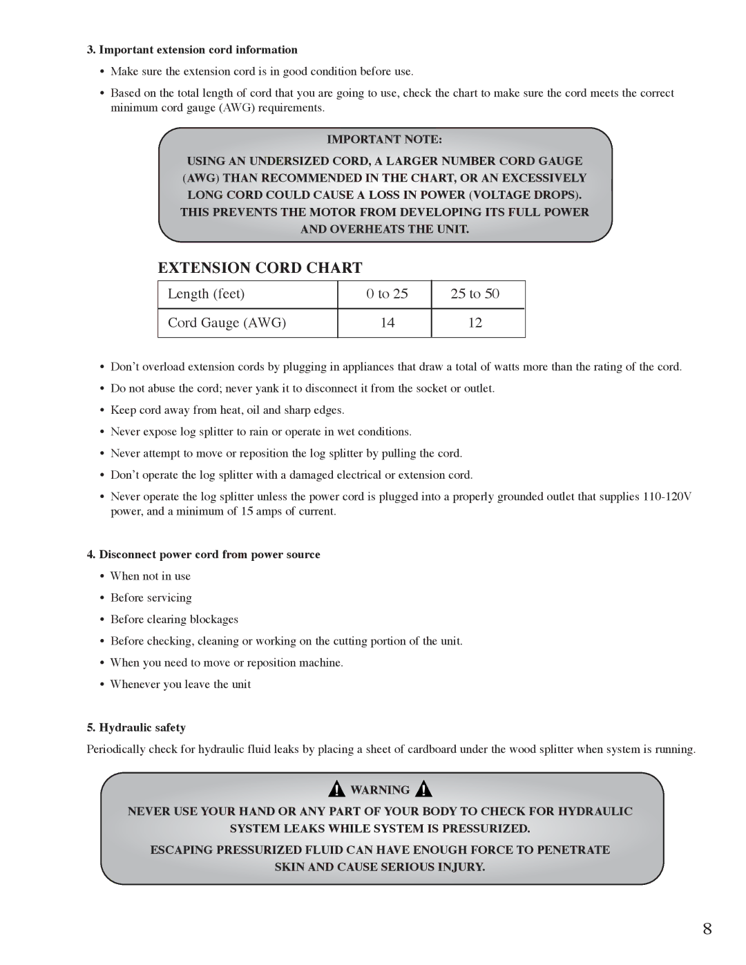 Mantis Swift Split Important extension cord information, Disconnect power cord from power source, Hydraulic safety 