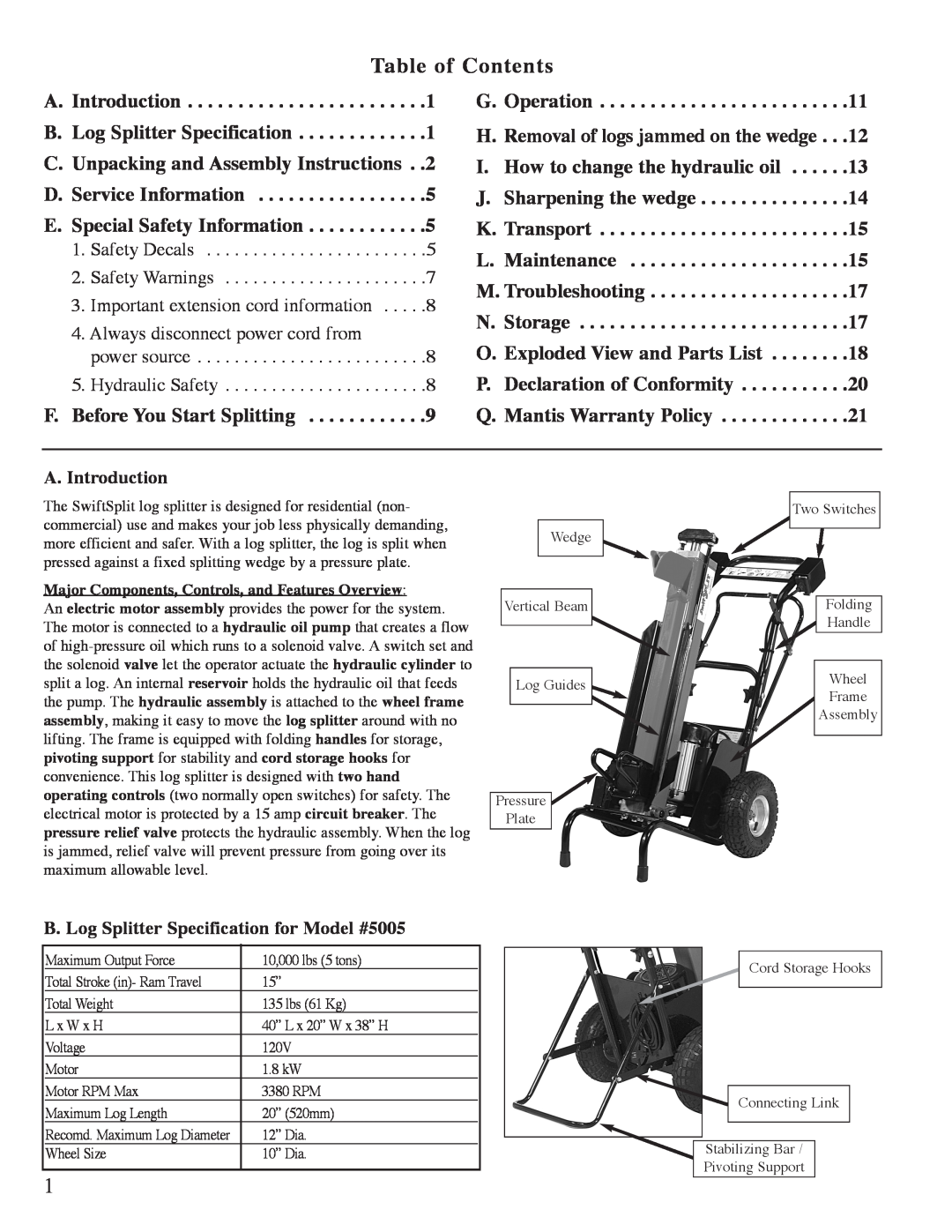 Mantis Swift Split Table of Contents, A. Introduction B. Log Splitter Specification, E. Special Safety Information 