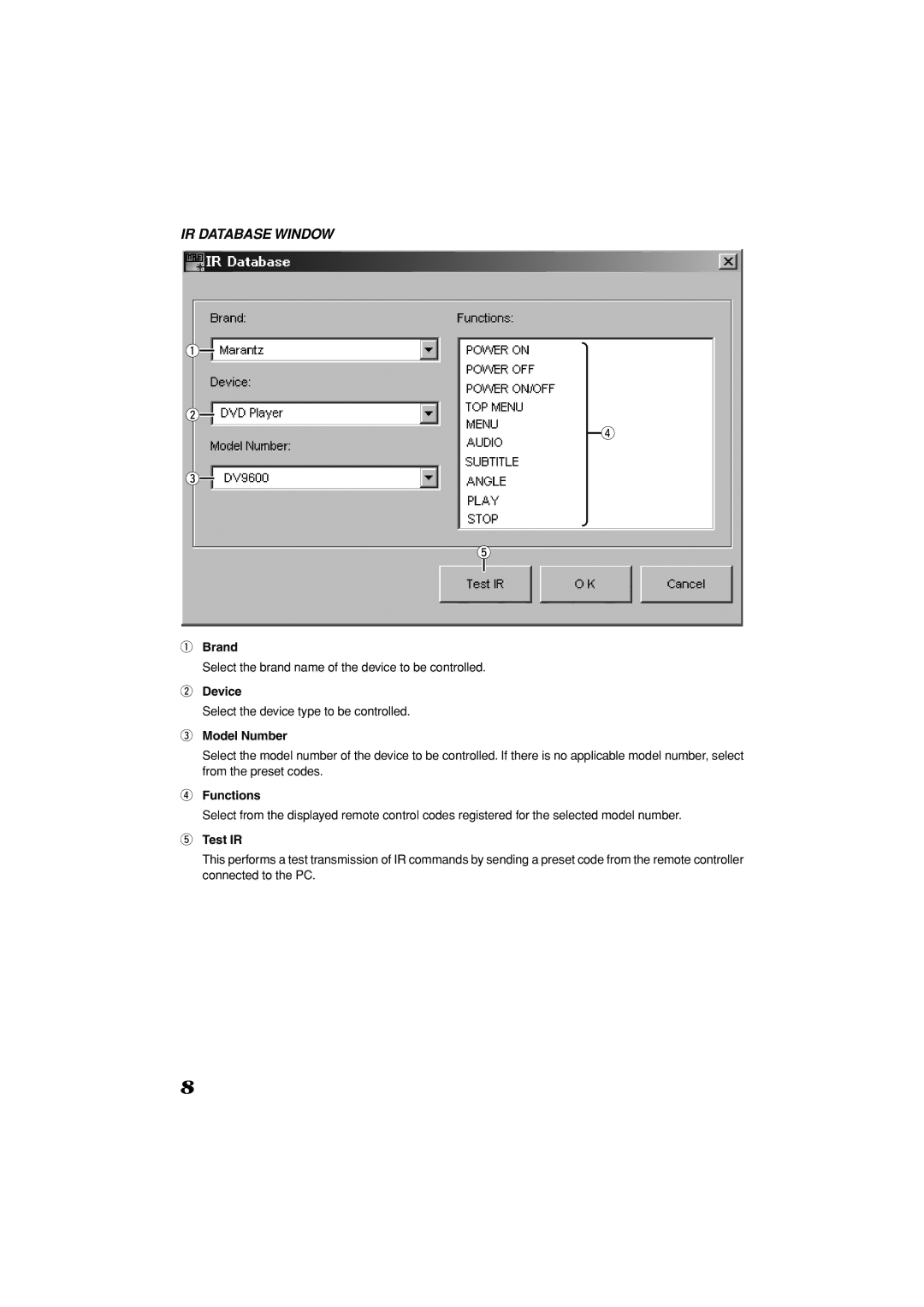 Marantz 3 manual IR Database Window, Brand, Device, Model Number, Functions 