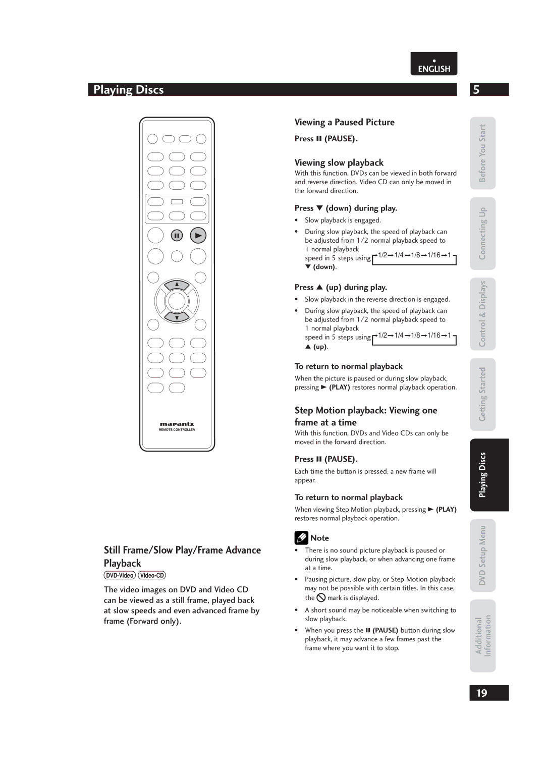 Marantz Dv4003 manual Still Frame/Slow Play/Frame Advance Playback, Viewing a Paused Picture, Viewing slow playback 