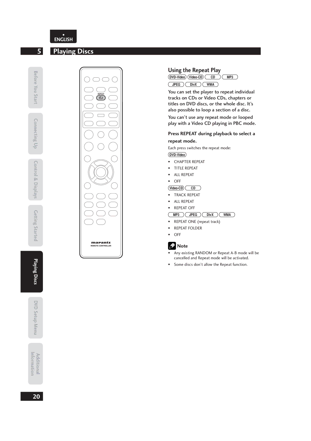 Marantz 541110153029M Using the Repeat Play, Press Repeat during playback to select a Repeat mode, Repeat ONE repeat track 