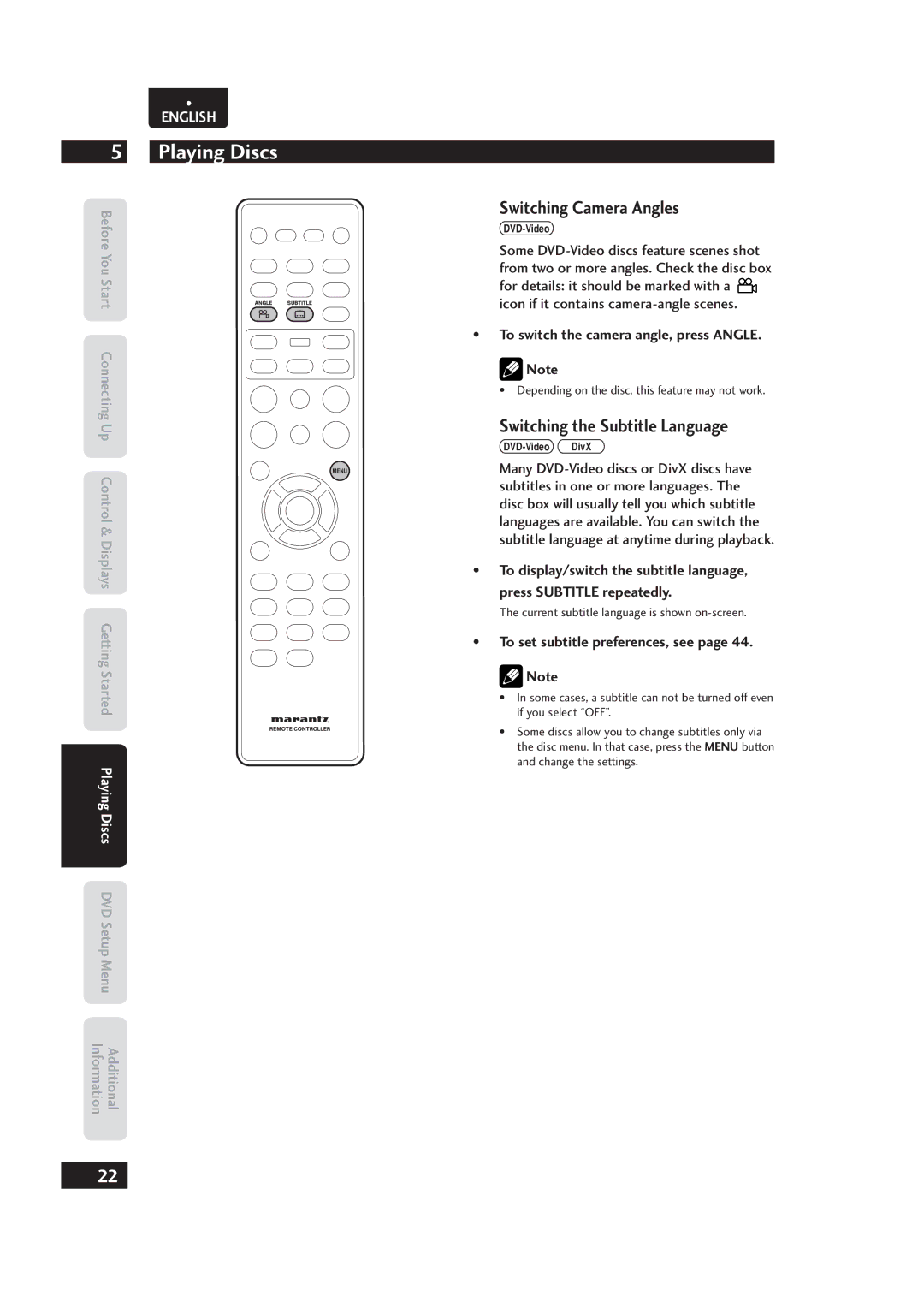 Marantz 541110153029M Switching Camera Angles, Switching the Subtitle Language, To switch the camera angle, press Angle 