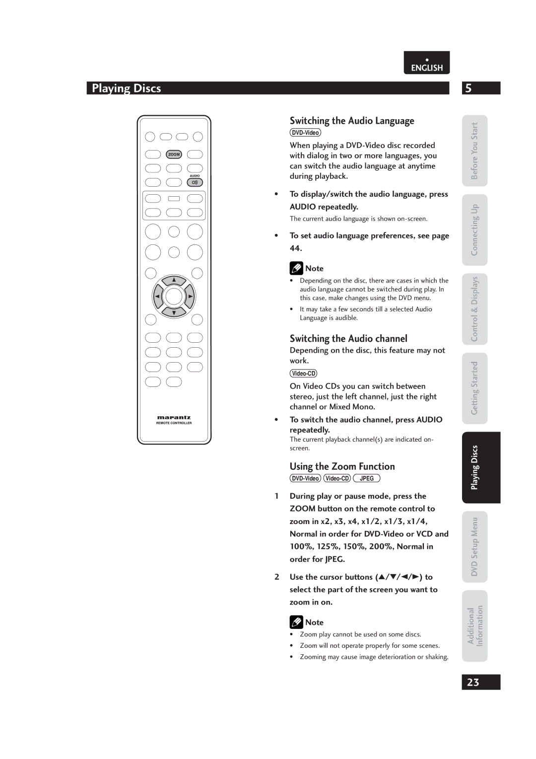 Marantz Dv4003, 541110153029M manual Switching the Audio Language, Switching the Audio channel, Using the Zoom Function 