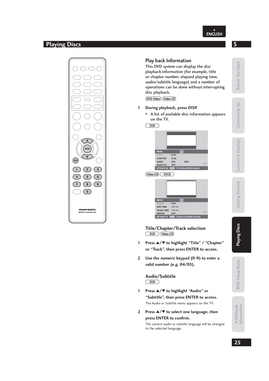 Marantz Dv4003 manual Play back Information, Title/Chapter/Track selection, Audio/Subtitle, During playback, press Disp 