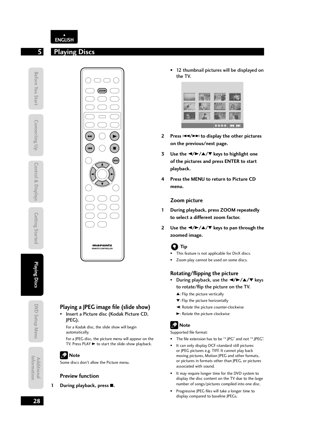 Marantz 541110153029M, Dv4003 manual Zoom picture, Rotating/ﬂipping the picture, During playback, press 