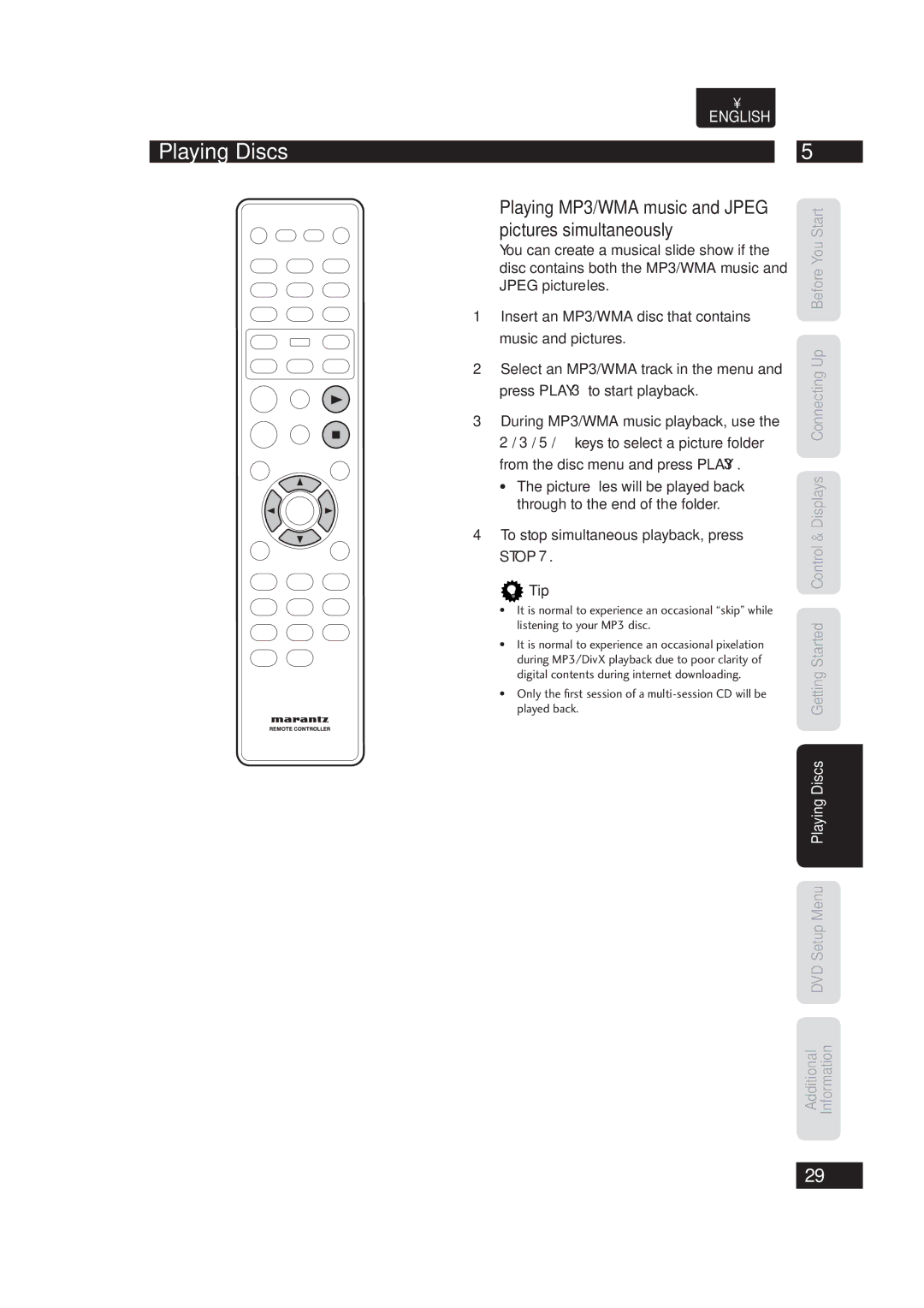 Marantz Dv4003 manual Playing MP3/WMA music and Jpeg pictures simultaneously, To stop simultaneous playback, press Stop Tip 