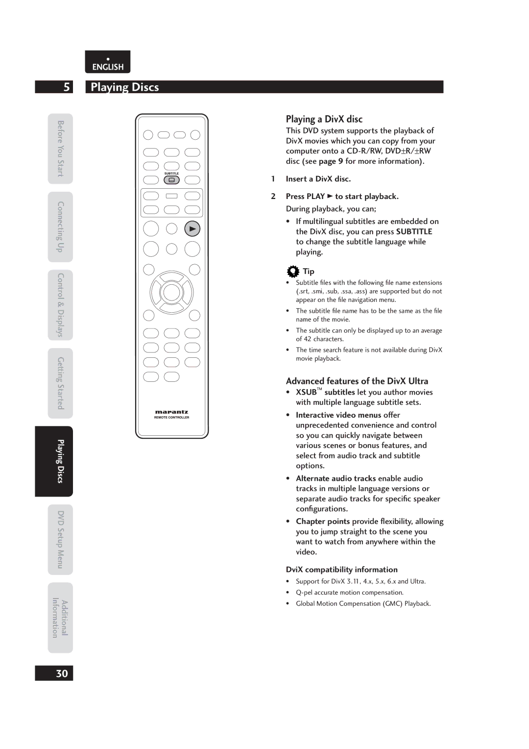 Marantz 541110153029M, Dv4003 manual Playing a DivX disc, Advanced features of the DivX Ultra, Insert a DivX disc 