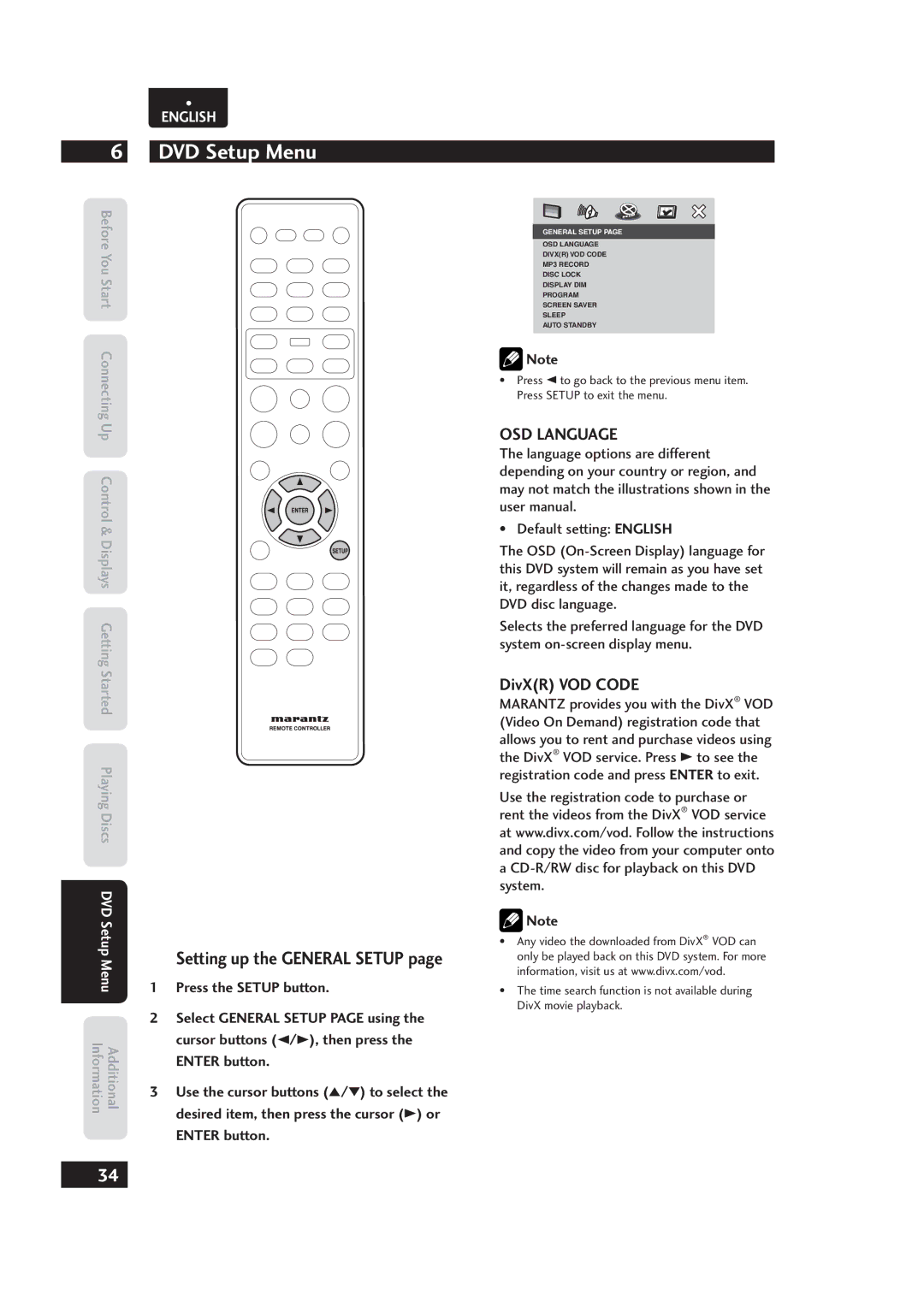 Marantz 541110153029M OSD Language, DivXR VOD Code, Press the Setup button, Cursor buttons 2/3, then press, Enter button 