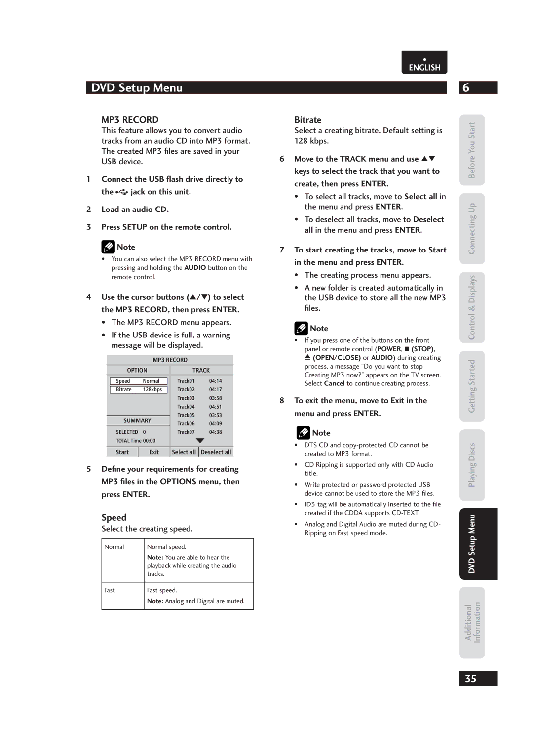 Marantz Dv4003, 541110153029M manual MP3 Record, Speed, Bitrate, To exit the menu, move to Exit in the menu and press Enter 