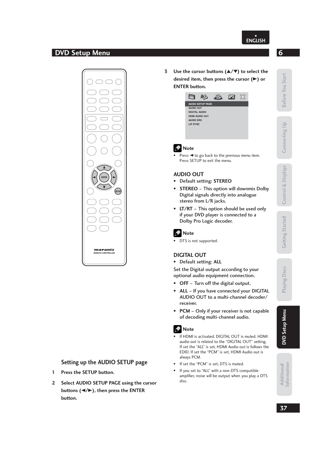 Marantz Dv4003 manual Setting up the Audio Setup, Audio OUT, Digital OUT, Default setting ALL, DTS is not supported 