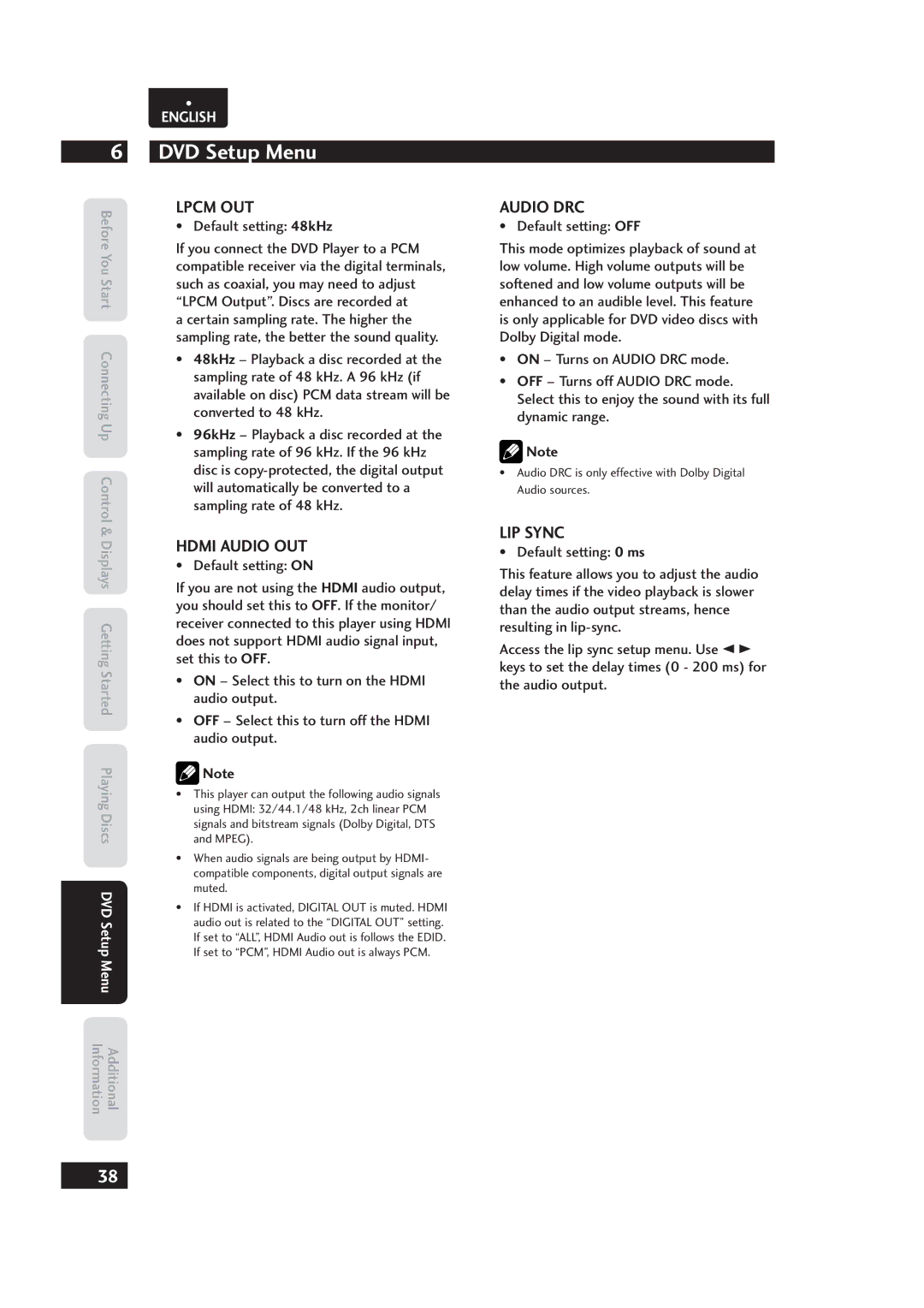 Marantz 541110153029M, Dv4003 manual Lpcm OUT, Audio DRC, Hdmi Audio OUT, LIP Sync, Default setting 48kHz 