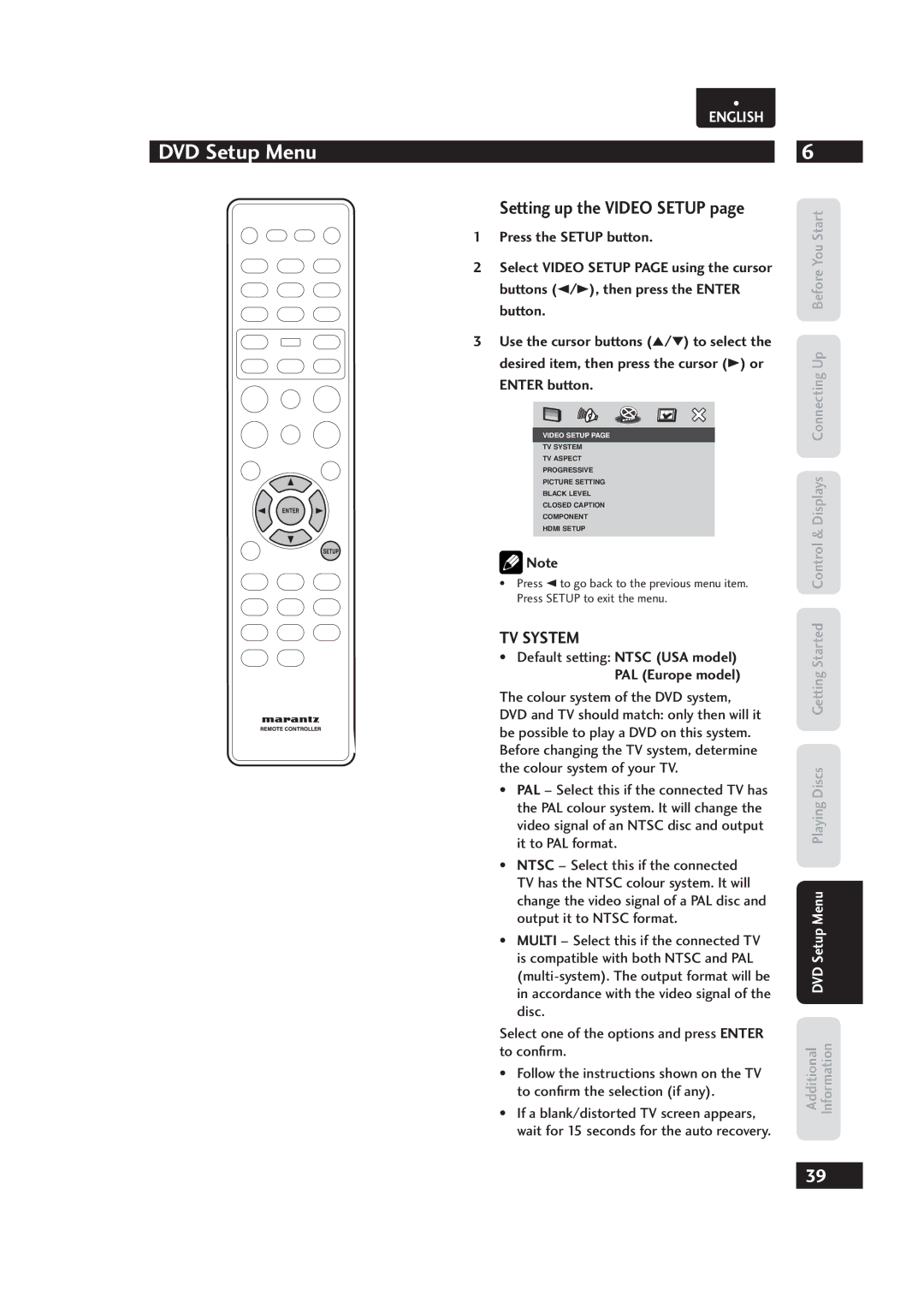 Marantz Dv4003, 541110153029M manual Setting up the Video Setup, TV System, Default setting Ntsc USA model, PAL Europe model 