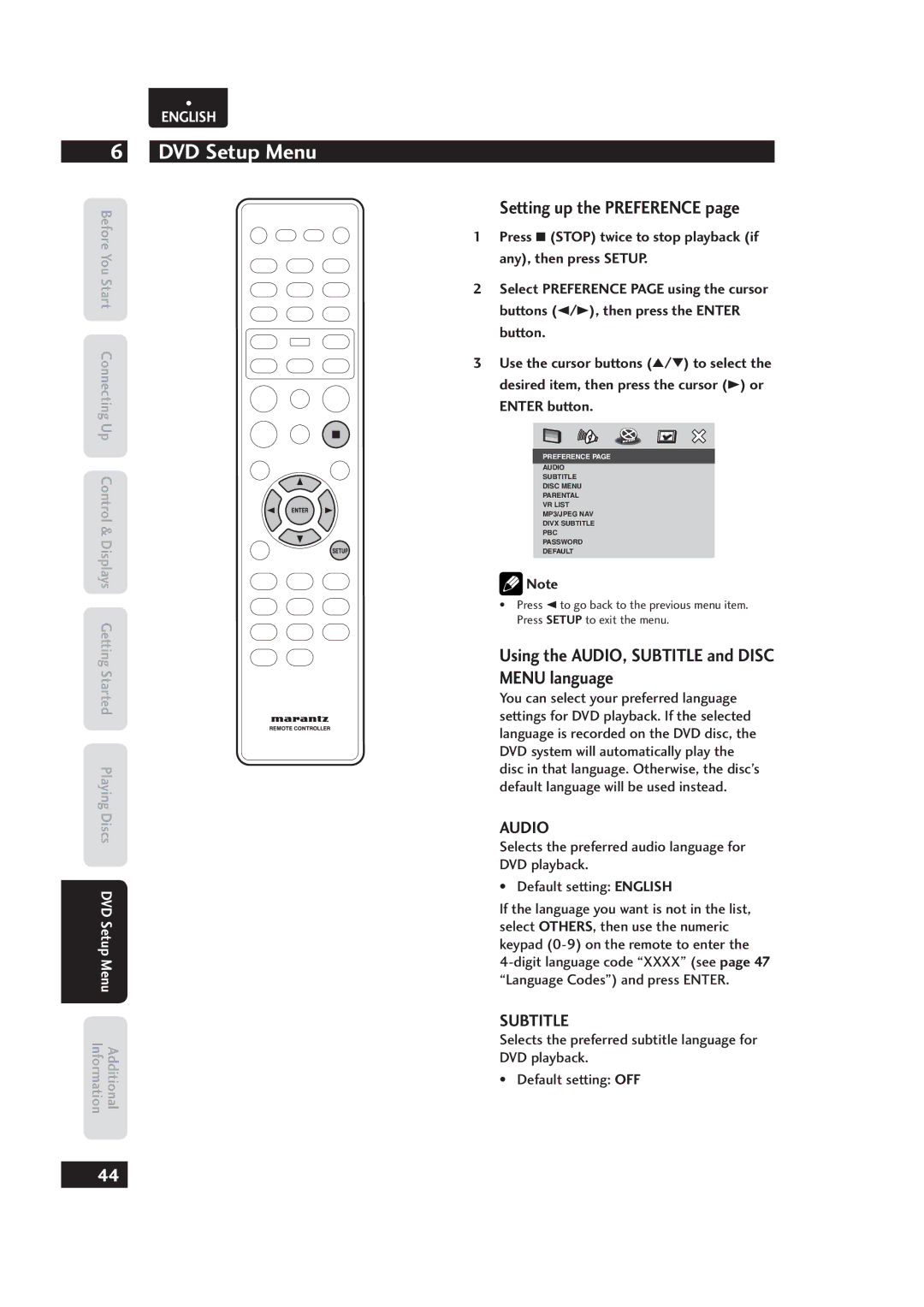 Marantz 541110153029M, Dv4003 manual Setting up the Preference, Using the AUDIO, Subtitle and Disc Menu language, Audio 