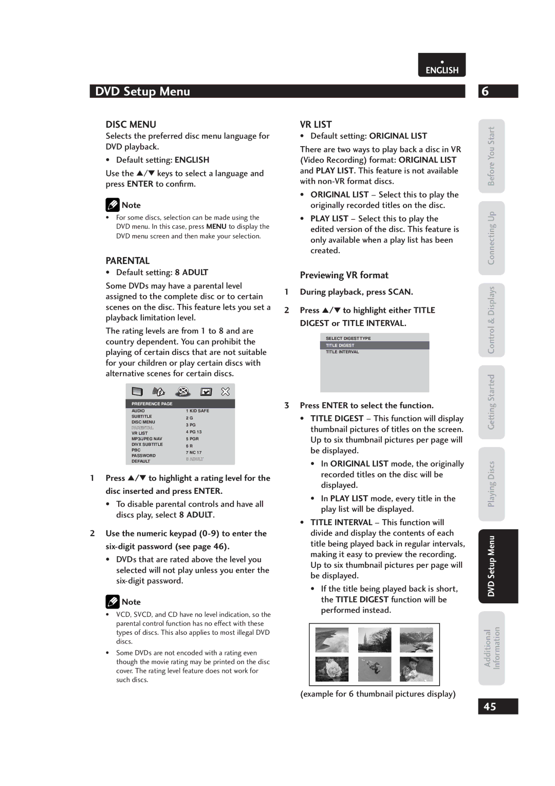 Marantz Dv4003, 541110153029M manual Disc Menu, VR List, Parental, Previewing VR format, Press Enter to select the function 