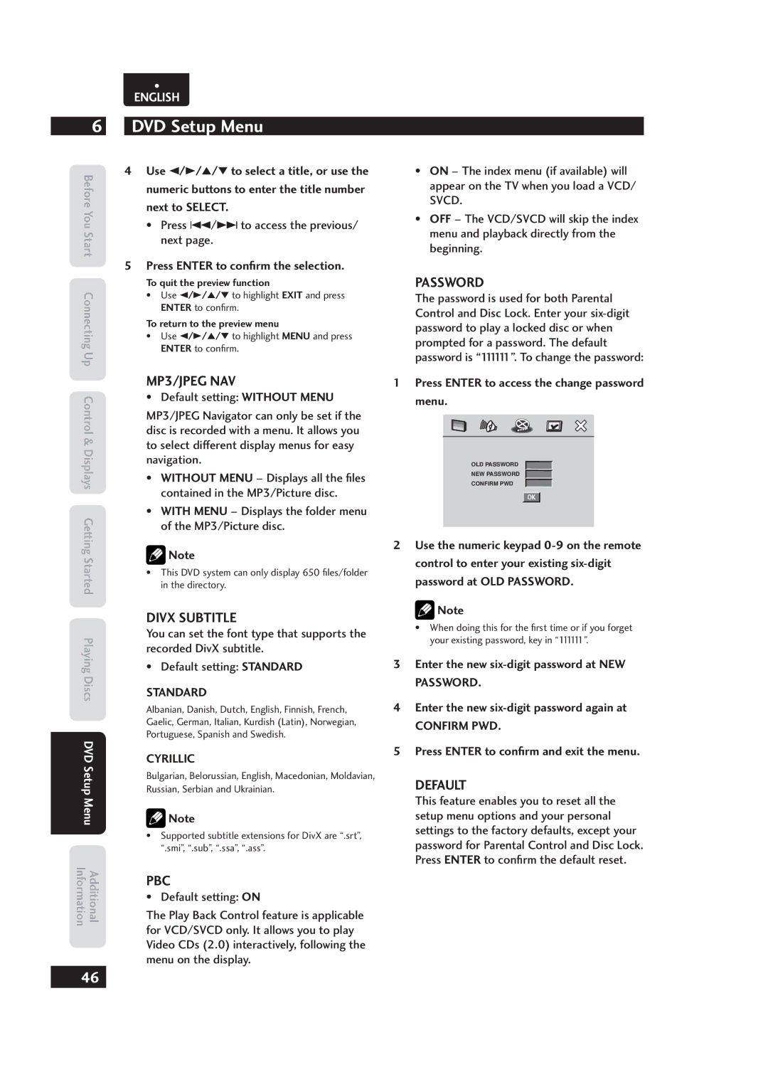 Marantz 541110153029M, Dv4003 manual MP3/JPEG NAV, Password, Divx Subtitle, Pbc, Default 