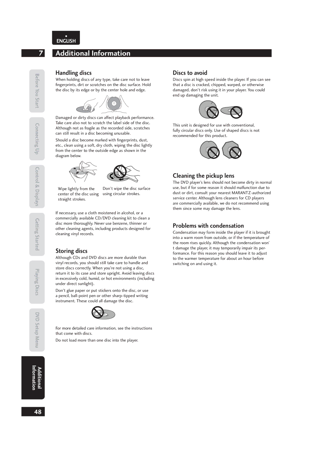 Marantz 541110153029M Handling discs, Storing discs, Discs to avoid, Cleaning the pickup lens, Problems with condensation 