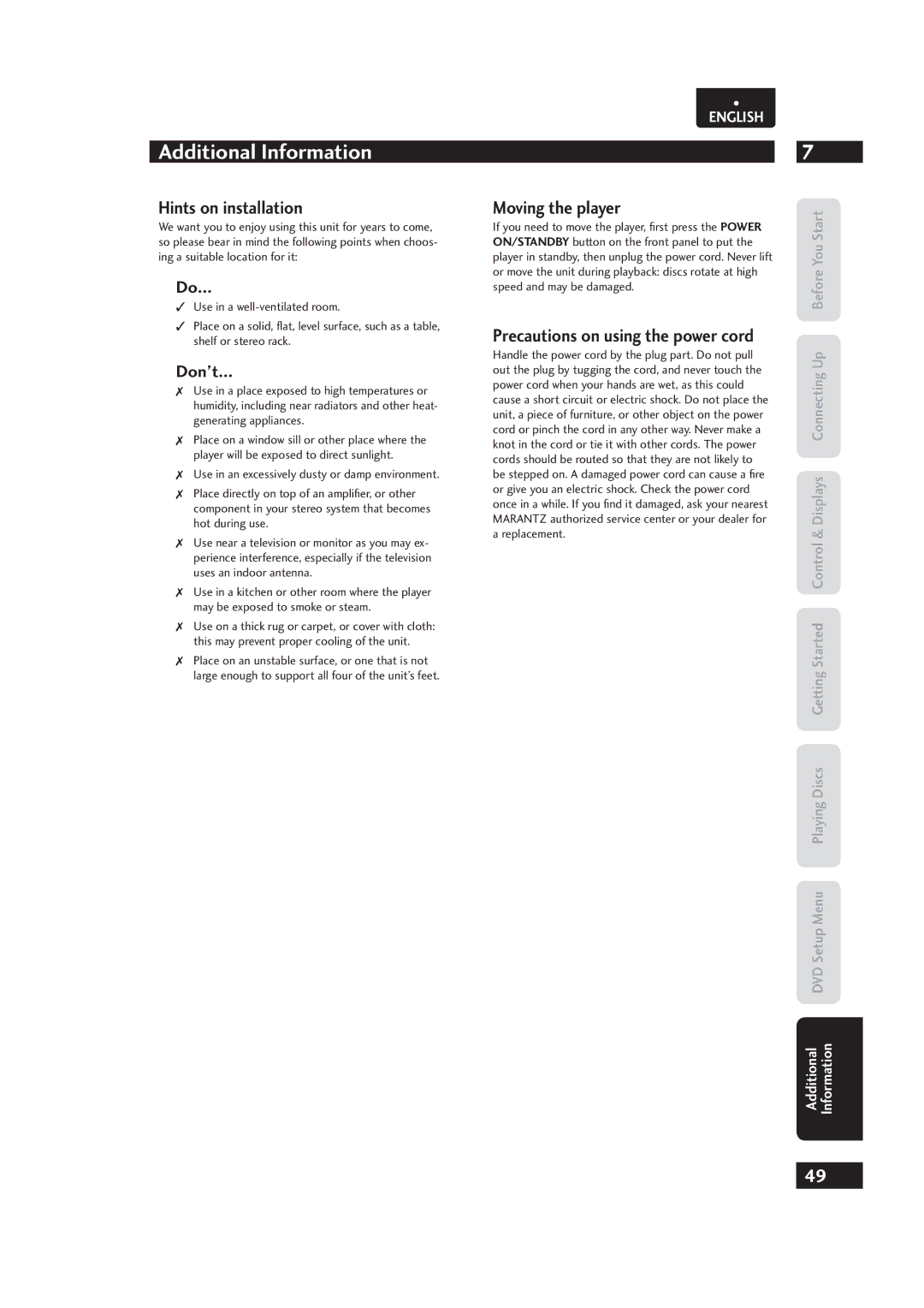 Marantz Dv4003, 541110153029M manual Hints on installation, Moving the player, Don’t, Precautions on using the power cord 