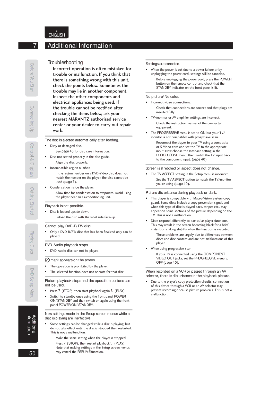 Marantz 541110153029M, Dv4003 manual Troubleshooting 