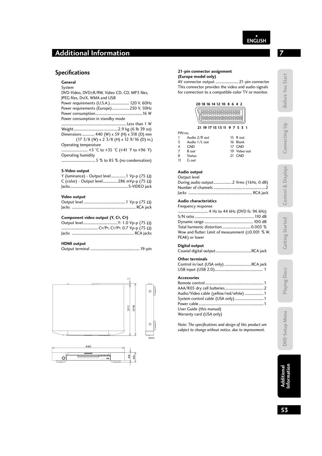 Marantz Dv4003, 541110153029M manual Speciﬁcations 