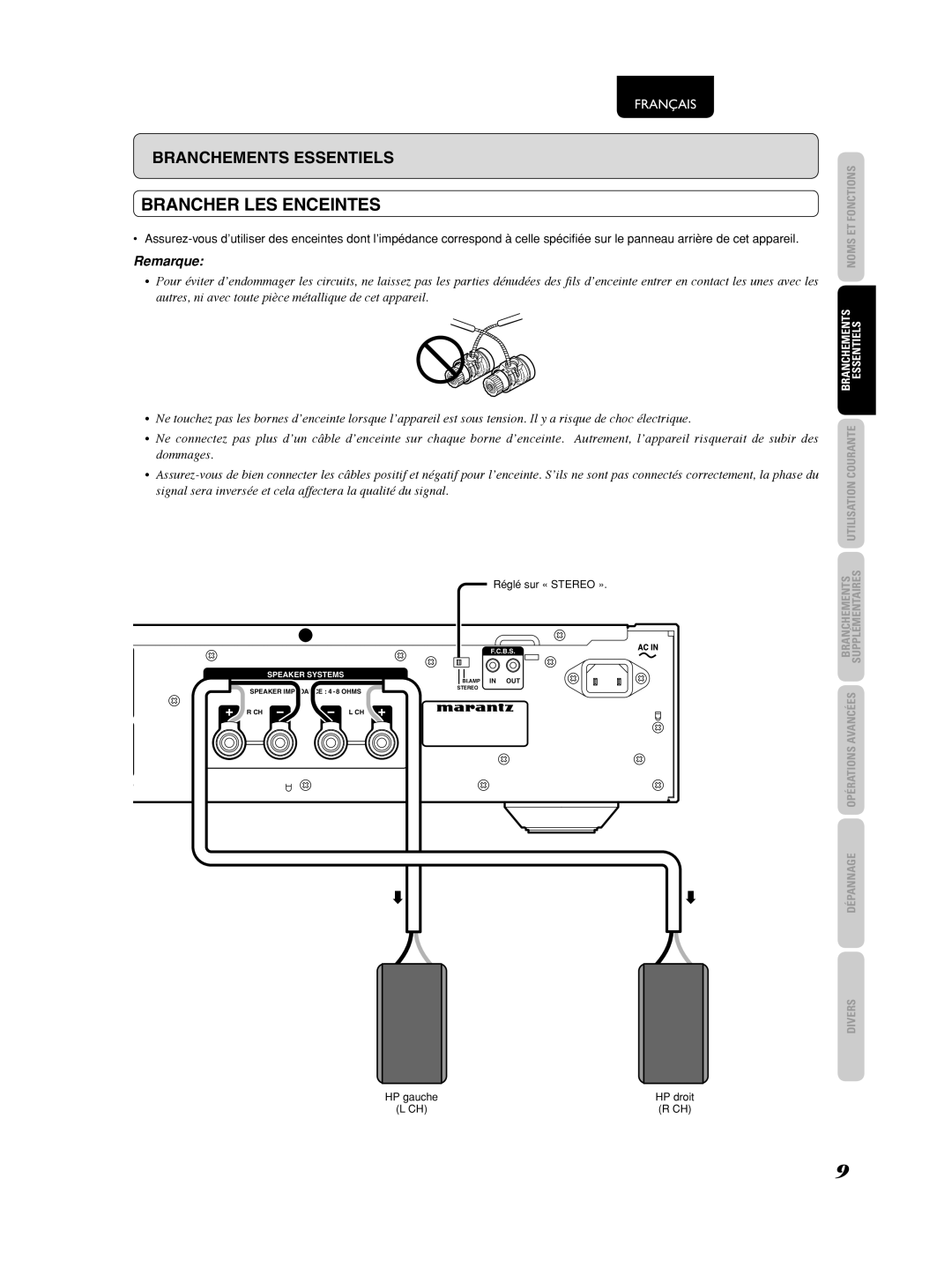 Marantz 541110275035M manual Brancher LES Enceintes, Remarque 