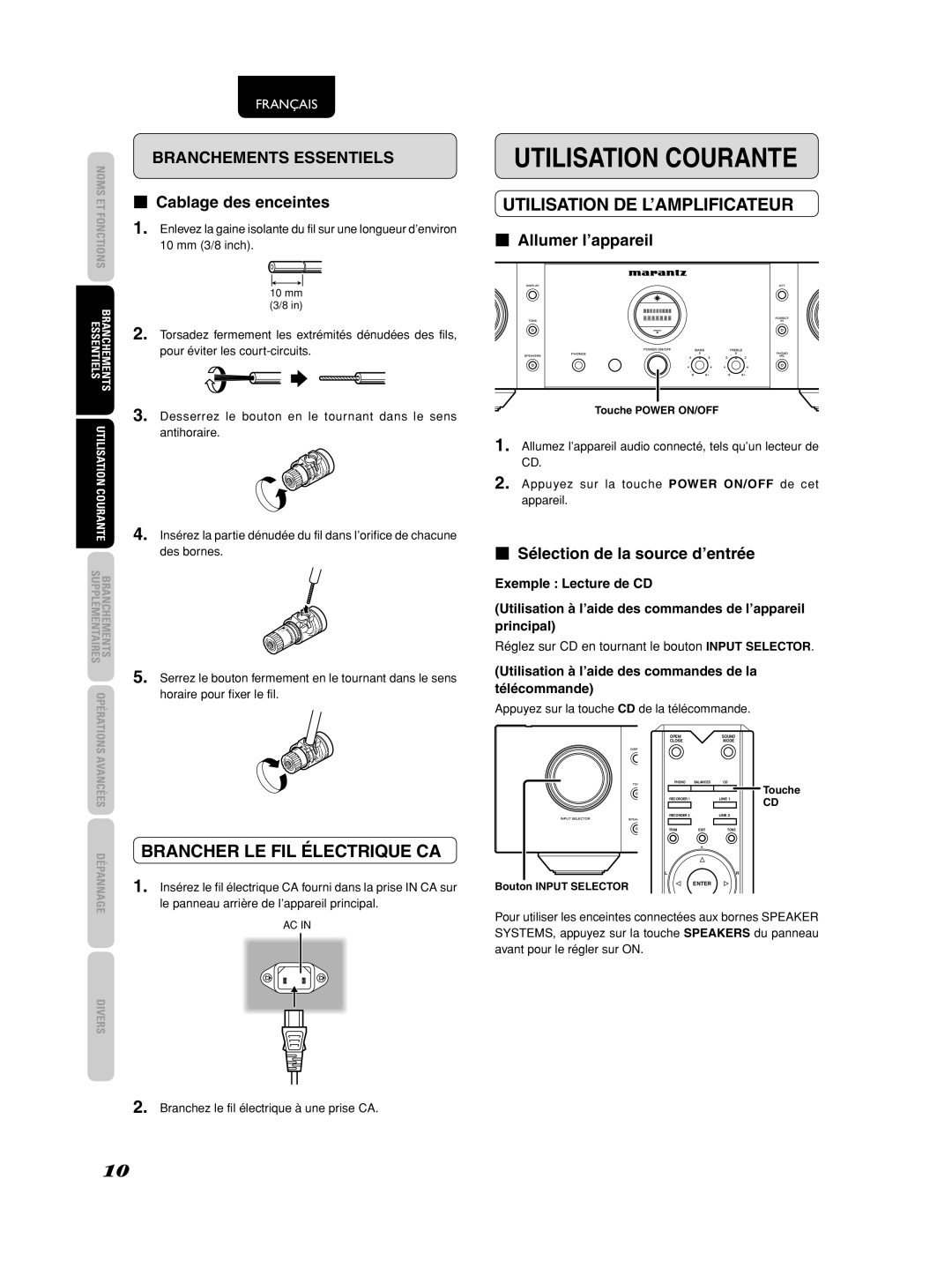 Marantz 541110275035M manual Utilisation Courante, Brancher LE FIL Électrique CA, Utilisation DE L’AMPLIFICATEUR 