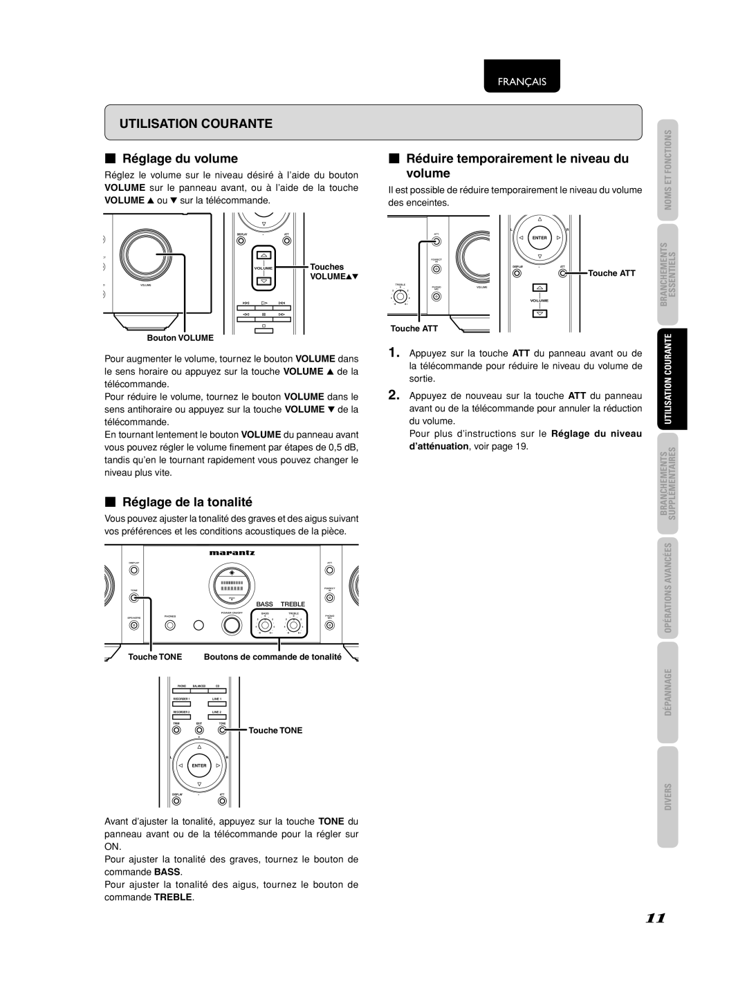 Marantz 541110275035M manual Réglage du volume, Réglage de la tonalité, Réduire temporairement le niveau du volume 