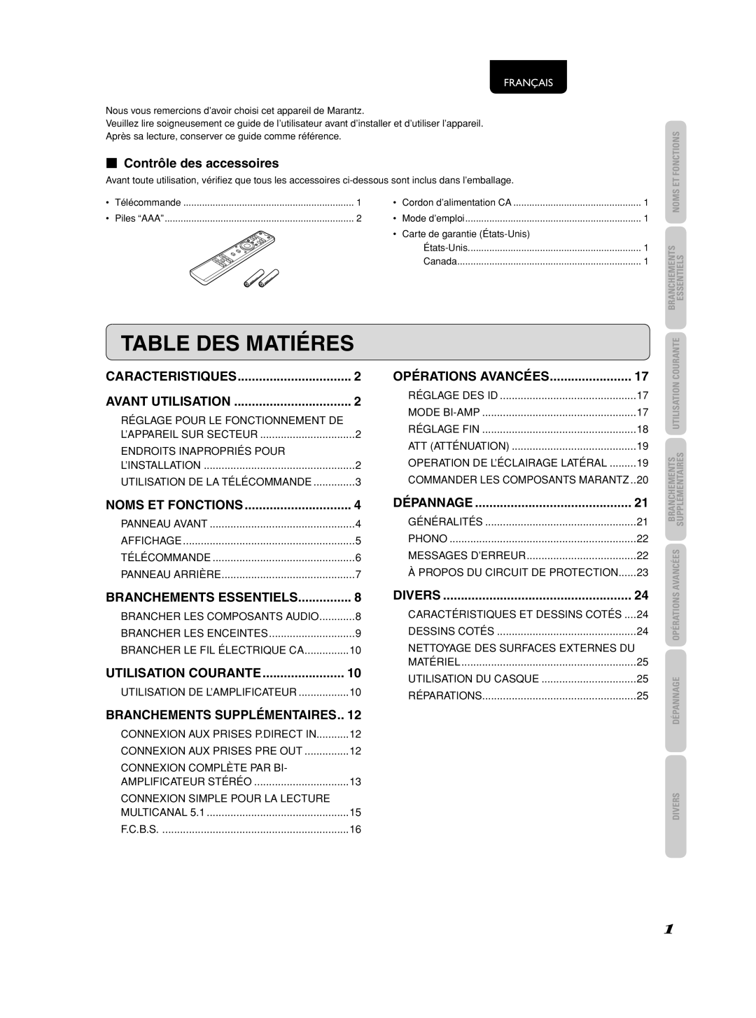 Marantz 541110275035M manual Table DES Matiéres, Contrôle des accessoires 