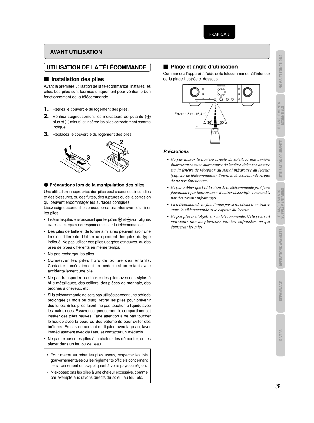 Marantz 541110275035M manual Utilisation DE LA Télécommande, Installation des piles 