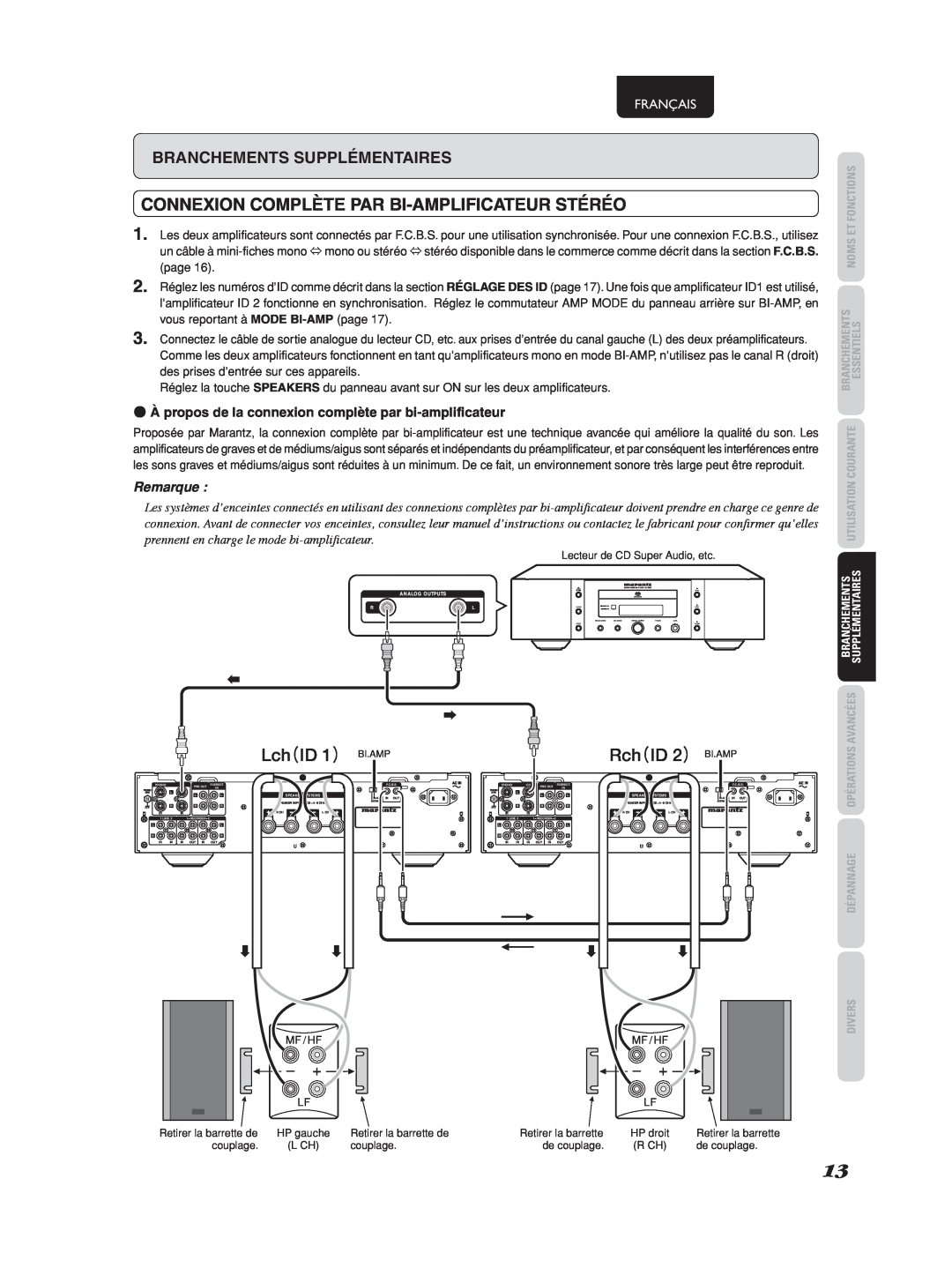 Marantz 541110275035M manual CONNEXION COMPLÈTE PAR BI-AMPLIFICATEURSTÉRÉO 2, Lch（ID 1） BI.AMP, Rch（ID 2） BI.AMP, Français 