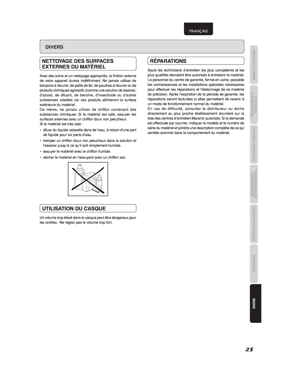 Marantz 541110275035M manual Nettoyage Des Surfaces Externes Du Matériel, Utilisation Du Casque, Réparations, Français 